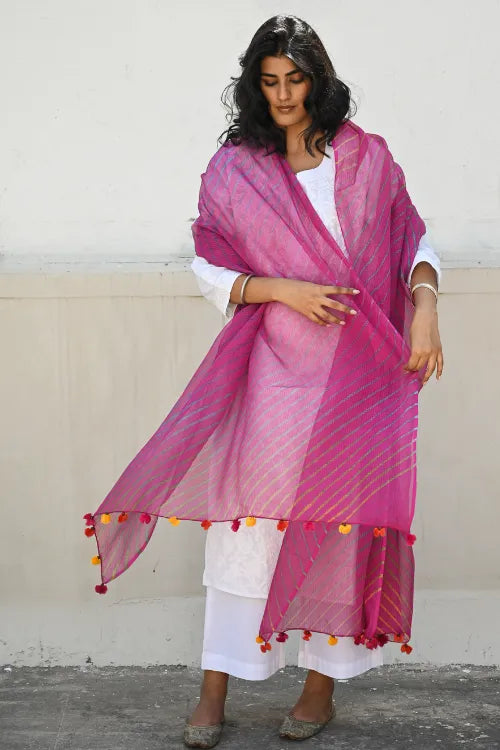 The ICH Soft Lehariya Kota Doria Cotton Dupatta - Rose Pink