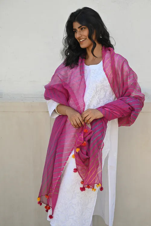 The ICH Soft Lehariya Kota Doria Cotton Dupatta - Rose Pink