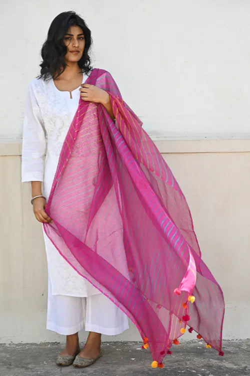 The ICH Soft Lehariya Kota Doria Cotton Dupatta - Rose Pink