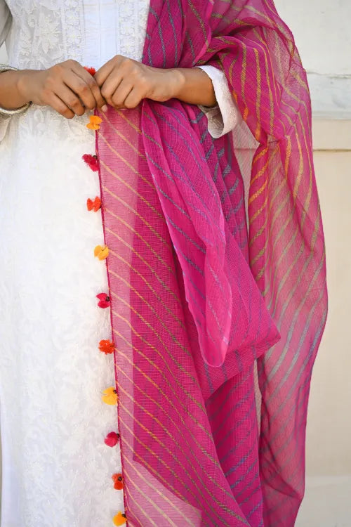 The ICH Soft Lehariya Kota Doria Cotton Dupatta - Rose Pink