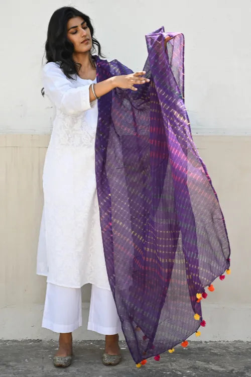 The ICH Soft Lehariya Kota Doria Cotton Dupatta - Royal Purple