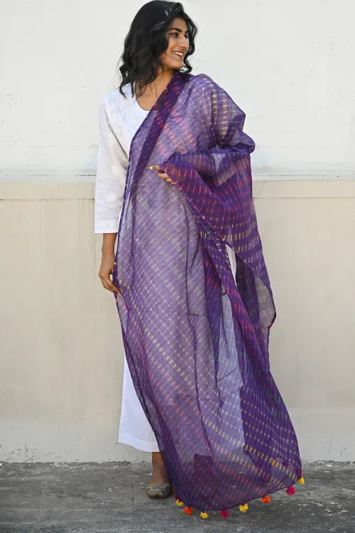 The ICH Soft Lehariya Kota Doria Cotton Dupatta - Royal Purple