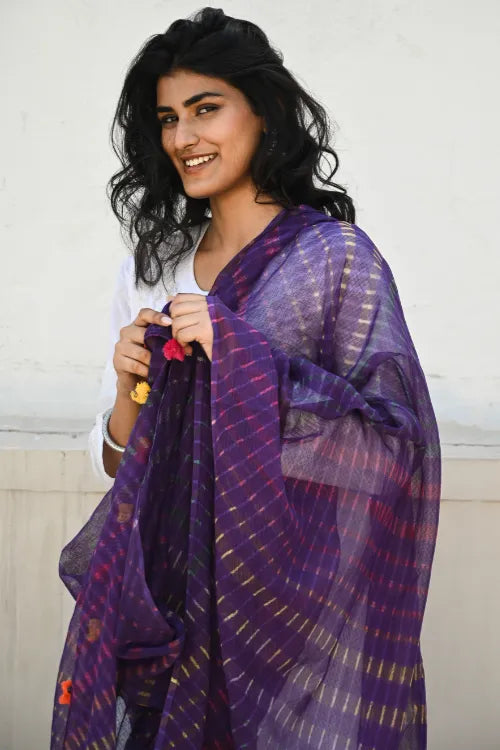 The ICH Soft Lehariya Kota Doria Cotton Dupatta - Royal Purple