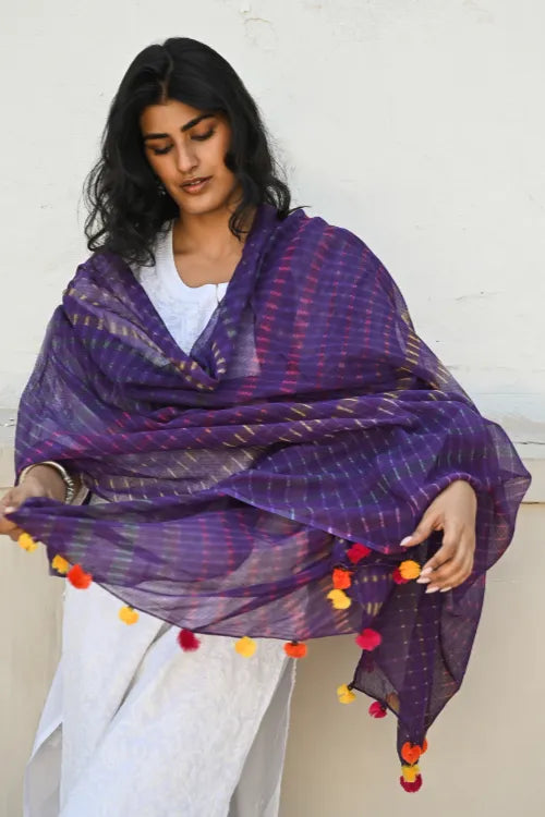 The ICH Soft Lehariya Kota Doria Cotton Dupatta - Royal Purple