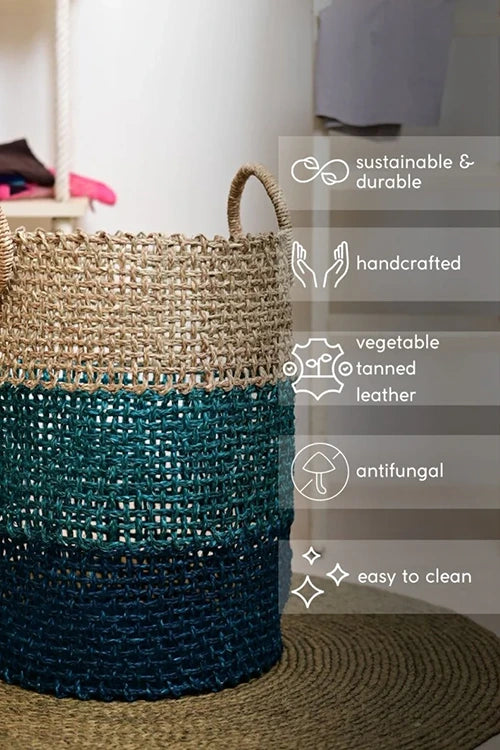 Kadam Haat Handmade Sabai Grass Laundry Basket (Indigo)