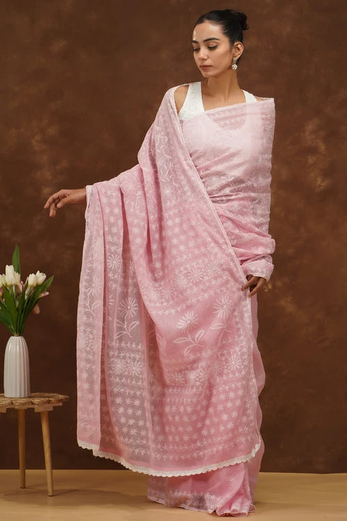 Shwet Women Hand Embroidered Baby Pink Kota Cotton Chikankari Saree
