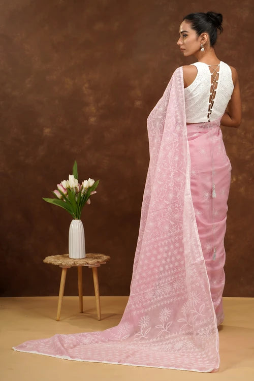 Shwet Women Hand Embroidered Baby Pink Kota Cotton Chikankari Saree