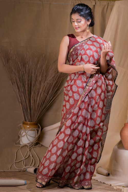 TICH Bagru Block Printed Kota & Zari Border Saree - Bouquet (Without Blouse Piece)