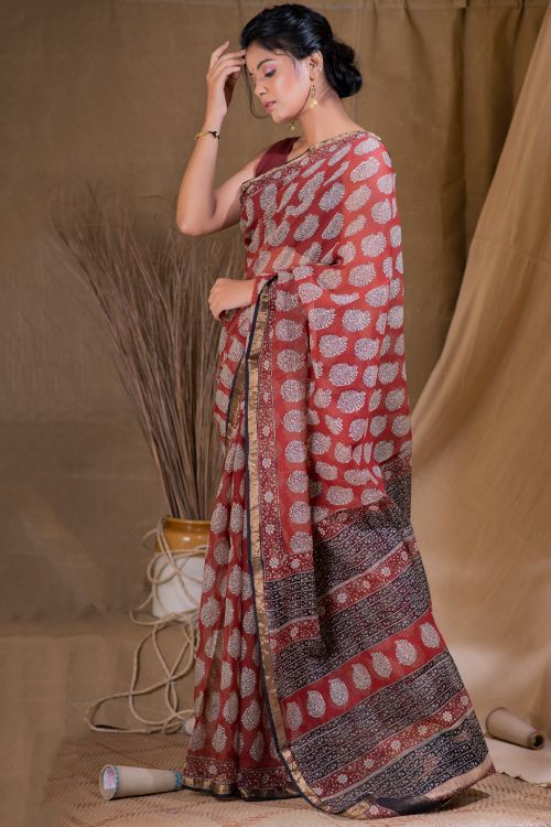 TICH Bagru Block Printed Kota & Zari Border Saree - Bouquet (Without Blouse Piece)