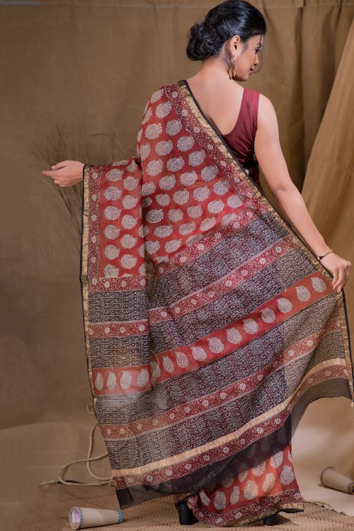 TICH Bagru Block Printed Kota & Zari Border Saree - Bouquet (Without Blouse Piece)