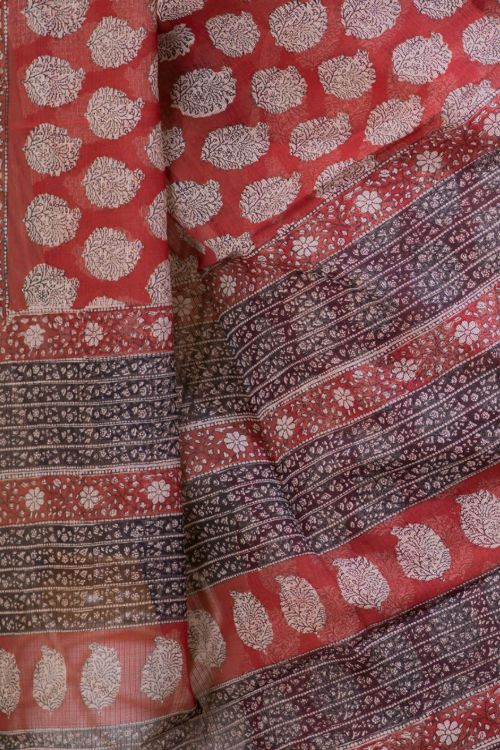 TICH Bagru Block Printed Kota & Zari Border Saree - Bouquet (Without Blouse Piece)