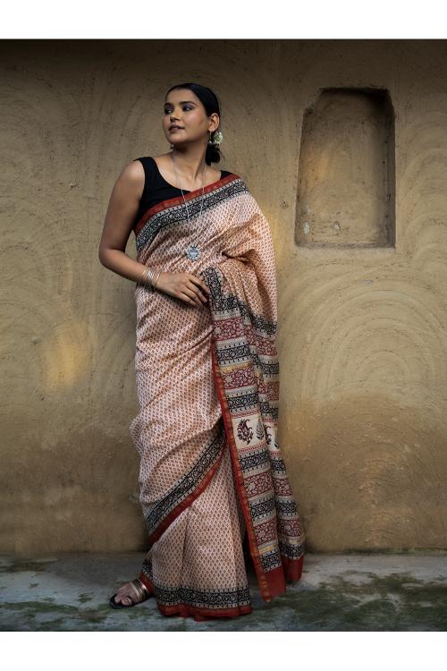 Bagru Hand Block Printed Chanderi Saree - Red Buds