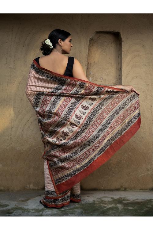 Bagru Hand Block Printed Chanderi Saree - Red Buds