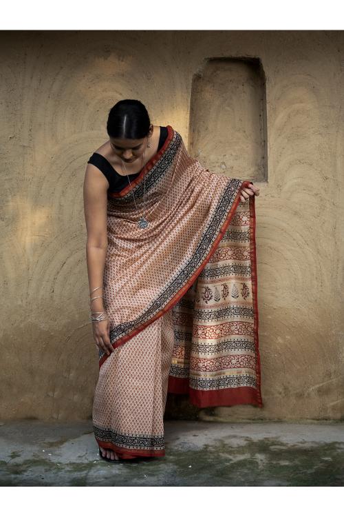 Bagru Hand Block Printed Chanderi Saree - Red Buds