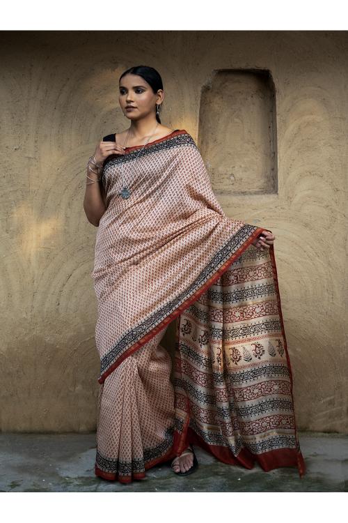 Bagru Hand Block Printed Chanderi Saree - Red Buds