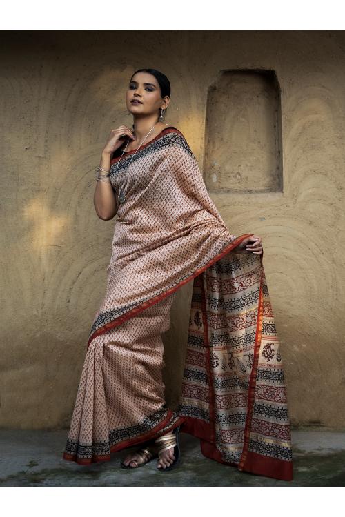 Bagru Hand Block Printed Chanderi Saree - Red Buds