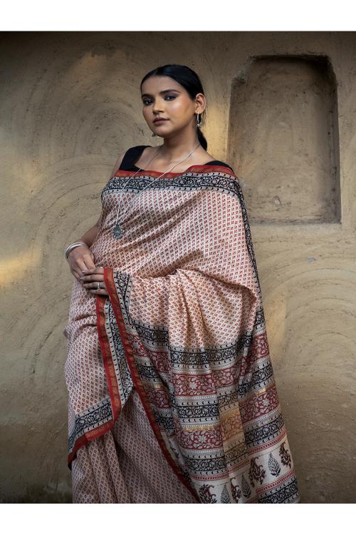 Bagru Hand Block Printed Chanderi Saree - Red Buds