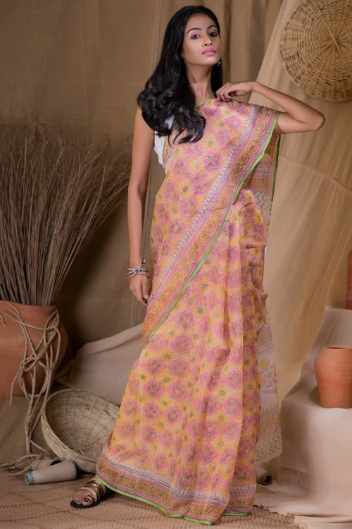 TICH Bagru Sanganeri Block Printed Kota Saree - Spring  (Without Blouse Piece)