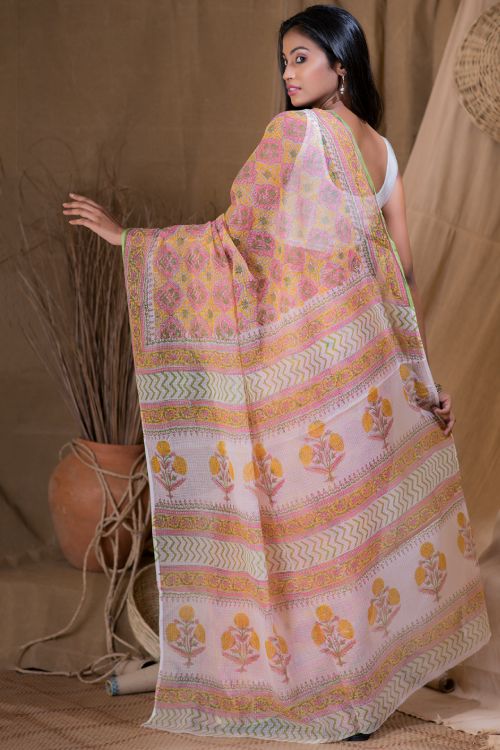 TICH Bagru Sanganeri Block Printed Kota Saree - Spring  (Without Blouse Piece)