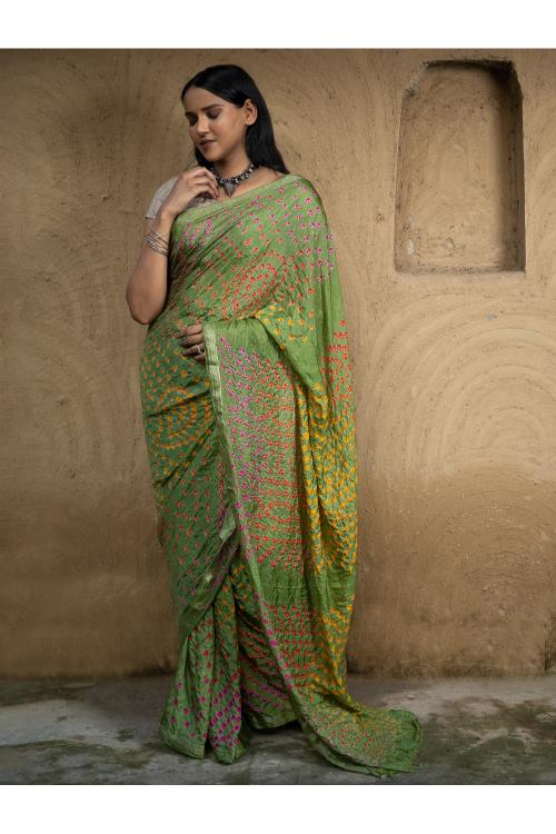 Bandhini Soft Polysilk Saree - Green Medley