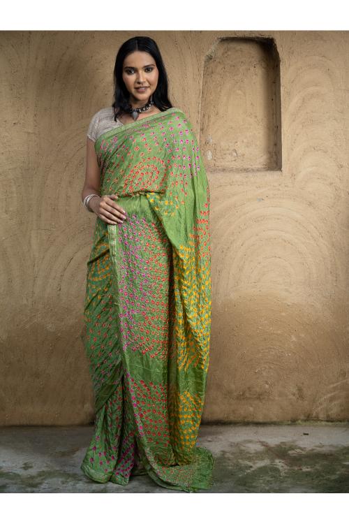 Bandhini Soft Polysilk Saree - Green Medley