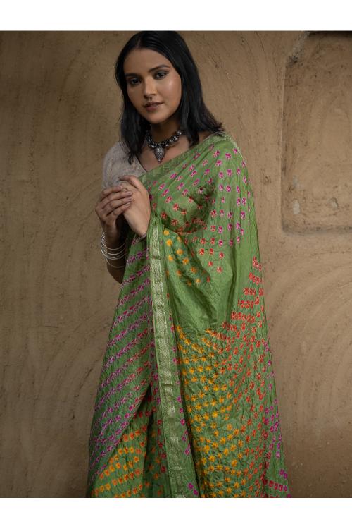 Bandhini Soft Polysilk Saree - Green Medley