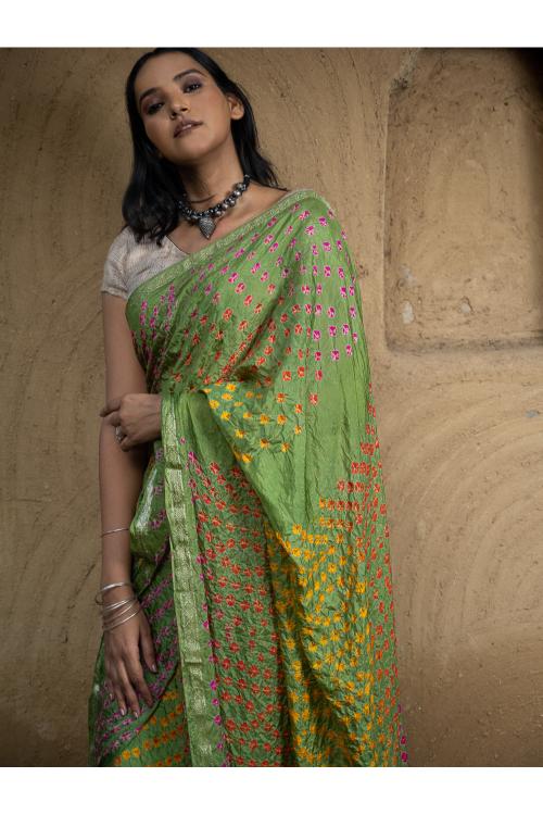 Bandhini Soft Polysilk Saree - Green Medley