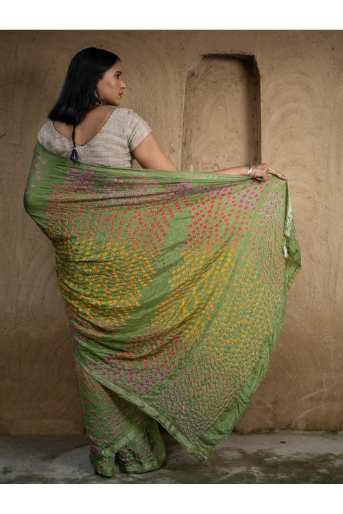 Bandhini Soft Polysilk Saree - Green Medley