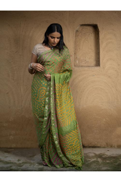 Bandhini Soft Polysilk Saree - Green Medley