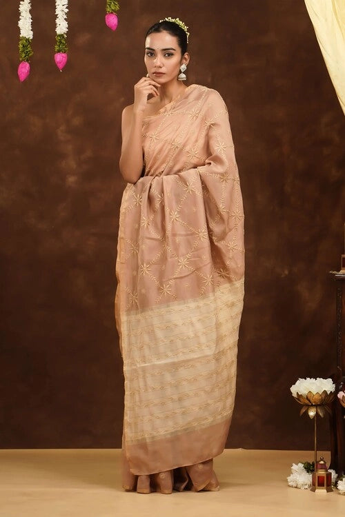 Shwet Women Hand Embroidered Chikankari Beige Chanderi Saree