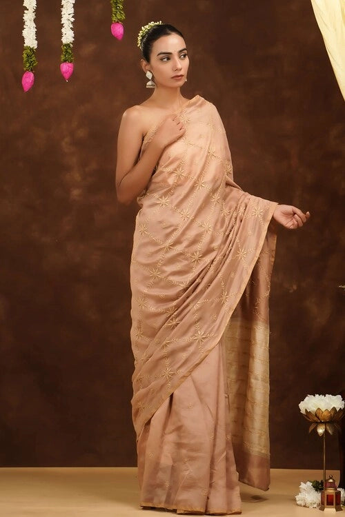 Shwet Women Hand Embroidered Chikankari Beige Chanderi Saree