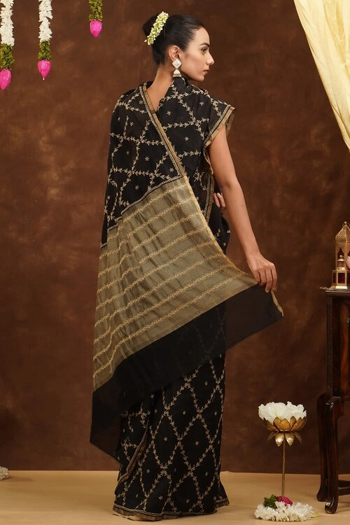 Shwet Women Hand Embroidered Chikankari Black Chanderi Saree