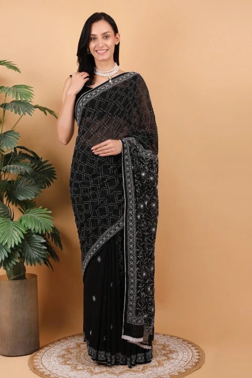 Shwet Women Hand Embroidered Black Cotton Chikankari Saree