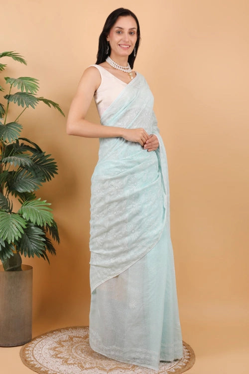 Shwet Women Hand Embroidered Sea Blue Kota Cotton Chikankari Saree