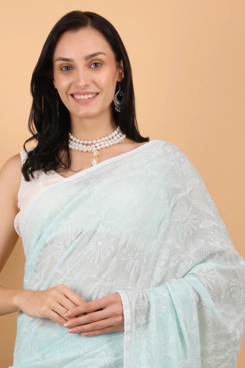 Shwet Women Hand Embroidered Sea Blue Kota Cotton Chikankari Saree