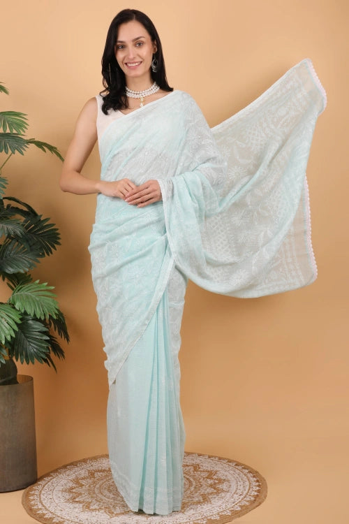 Shwet Women Hand Embroidered Sea Blue Kota Cotton Chikankari Saree