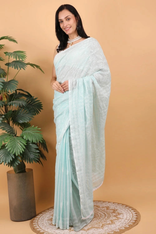 Shwet Women Hand Embroidered Sea Blue Kota Cotton Chikankari Saree