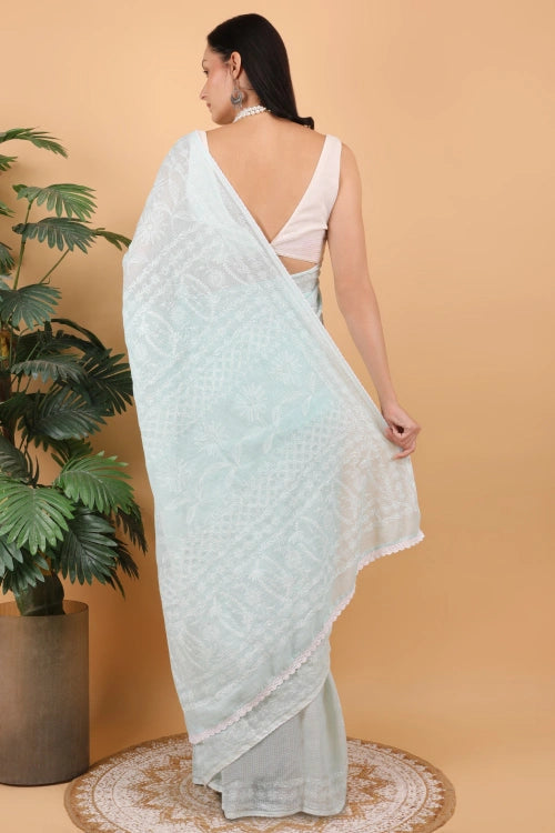 Shwet Women Hand Embroidered Sea Blue Kota Cotton Chikankari Saree