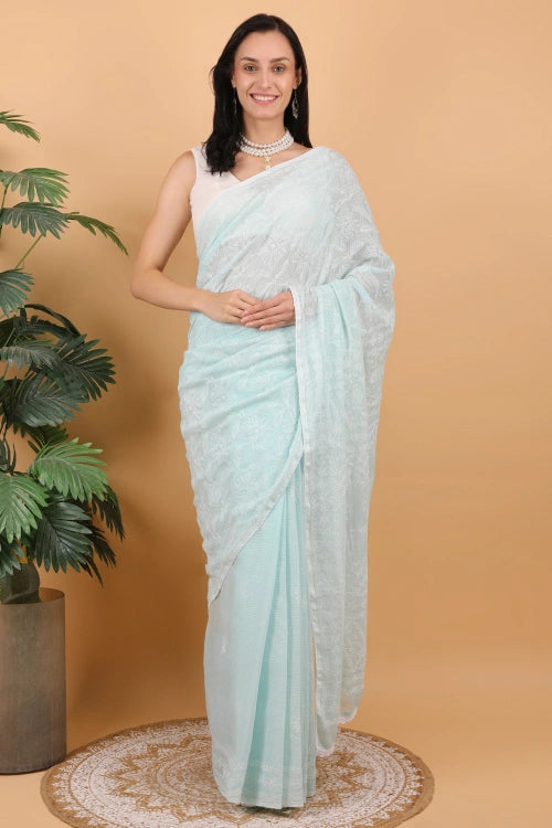 Shwet Women Hand Embroidered Sea Blue Kota Cotton Chikankari Saree