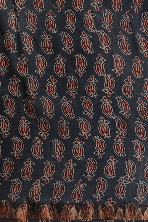 Tenaaro  Ajrakh Hand Block Printed Chanderi Silk With Maheshvari Border Saree (Indigoblue6)