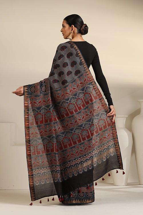 Tenaaro  Ajrakh Hand Block Printed Chanderi Silk With Maheshvari Border Saree (Indigoblue7)