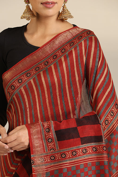 Tenaaro  Ajrakh Hand Block Printed Chanderi Silk With Maheshvari Border Saree (Indigoblue8)