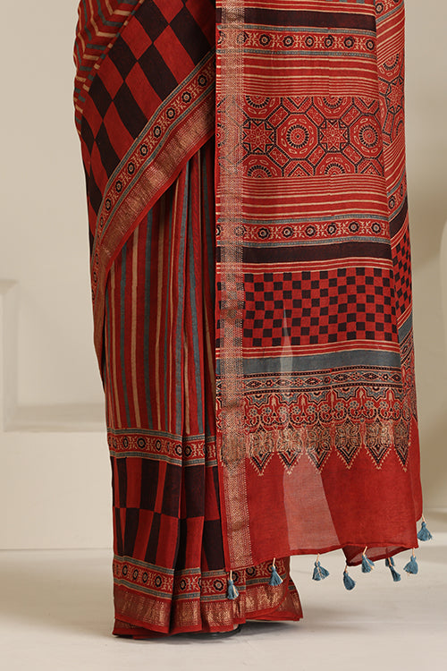 Tenaaro  Ajrakh Hand Block Printed Chanderi Silk With Maheshvari Border Saree (Indigoblue8)