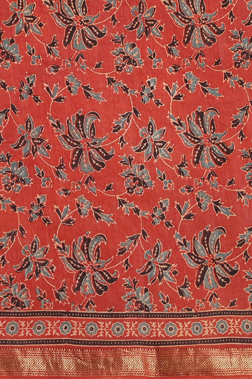 Tenaaro  Ajrakh Hand Block Printed Chanderi Silk With Maheshvari Border Saree (Indigoblue9)