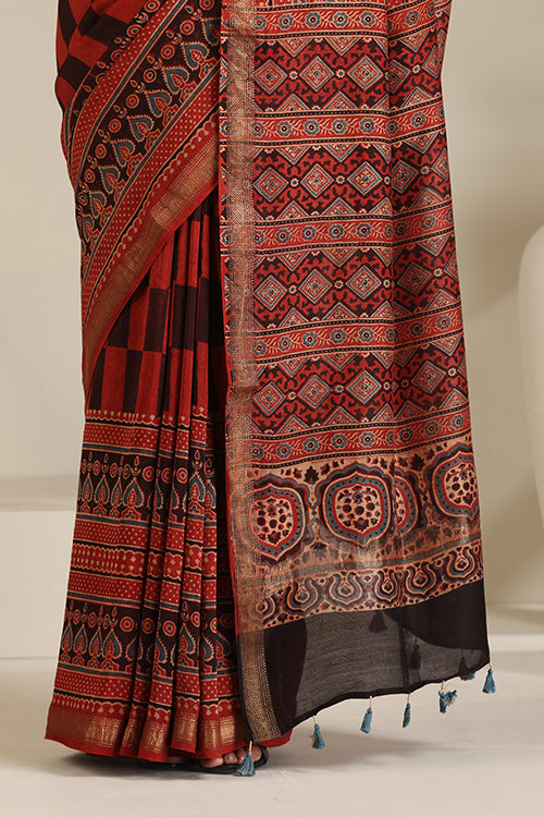Tenaaro  Ajrakh Hand Block Printed Chanderi Silk With Maheshvari Border Saree (Indigoblue10)
