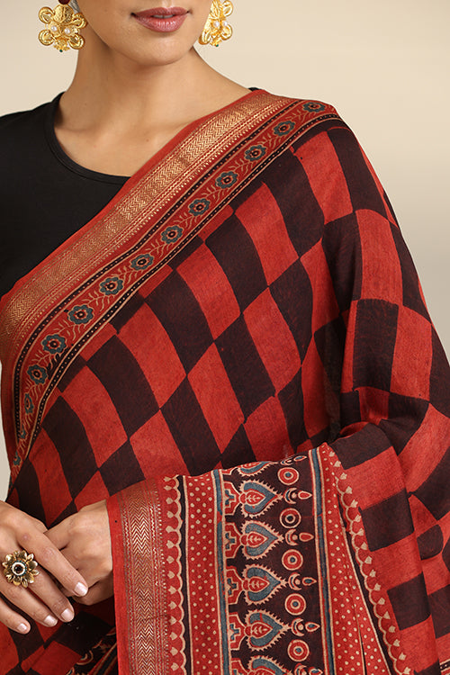 Tenaaro  Ajrakh Hand Block Printed Chanderi Silk With Maheshvari Border Saree (Indigoblue10)