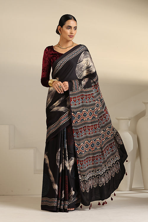 Tenaaro  Ajrakh Hand Block Printed Modal Silk Saree (Black22)