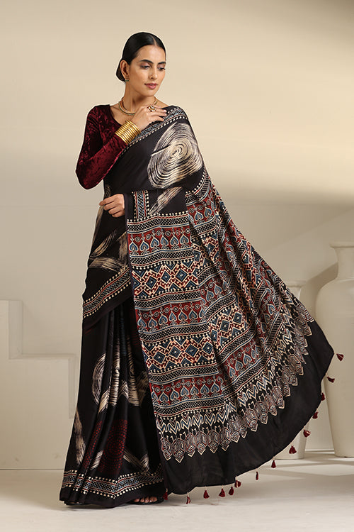 Tenaaro  Ajrakh Hand Block Printed Modal Silk Saree (Black22)