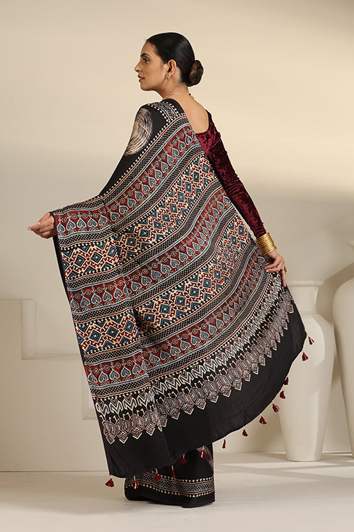 Tenaaro  Ajrakh Hand Block Printed Modal Silk Saree (Black22)