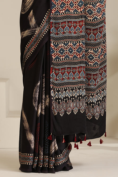 Tenaaro  Ajrakh Hand Block Printed Modal Silk Saree (Black22)